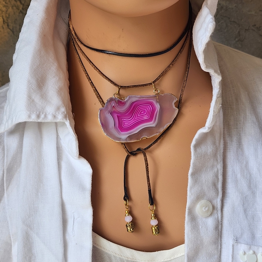 Johnny Was Nugget Agate Pink Large Chunky 14K Gold Plated Raw Leather